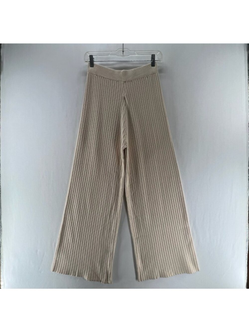J.ING Ribbed Knit Wide Leg Lounge Pants Women One Size Stretch Drawstring Beige - Picture 2 of 12